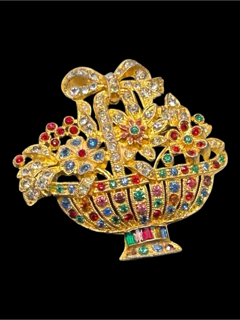 Vintage 1930’s Basket Brooch Multi Color Rhinestones